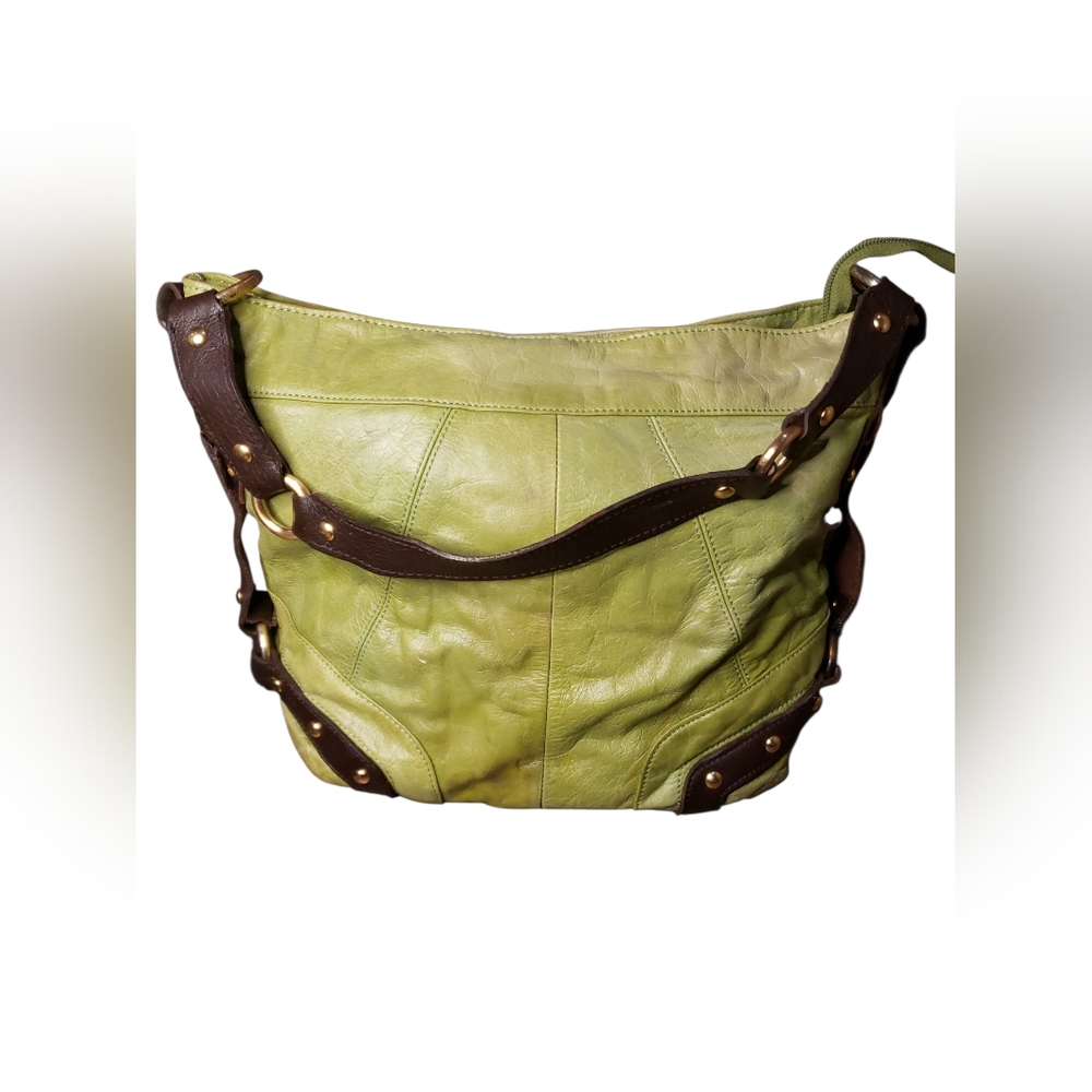 Chic Olive Faux Leather Hobo Bag with Brown Trim